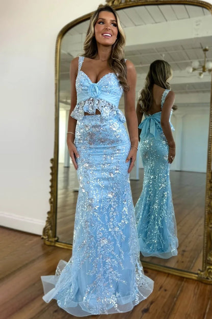 Sparkly Light Blue Sequin Lace Mermaid Prom Dress With Bow Back And Ruffle Peplum Design AD662