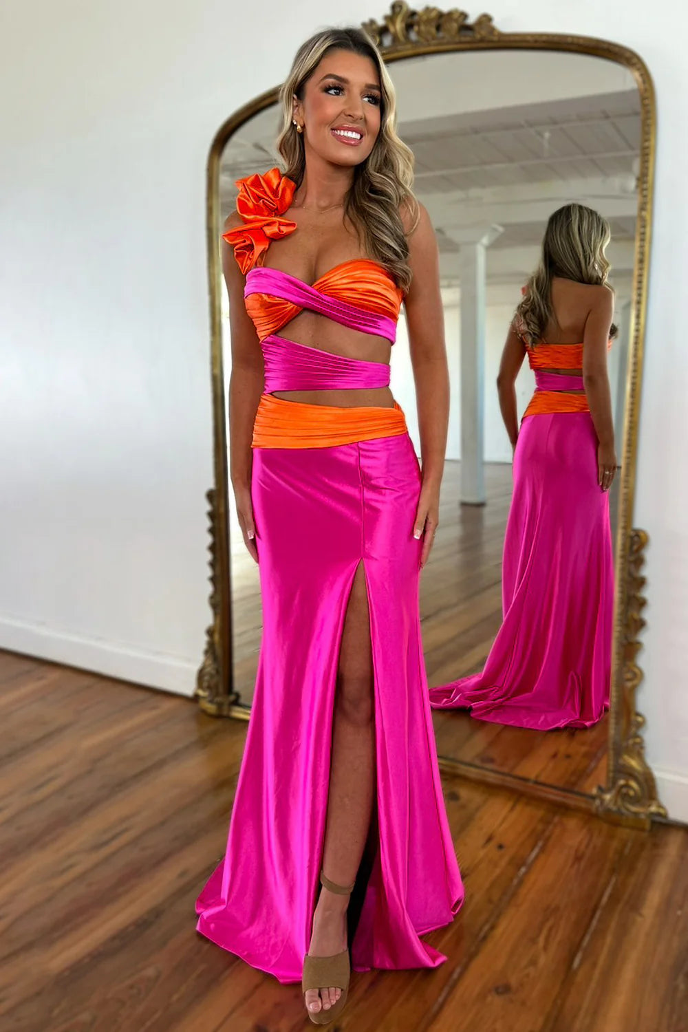 Stylish Hot Pink One-Shoulder Satin Mermaid Prom Dress With Waist Cutouts And Slit AD663