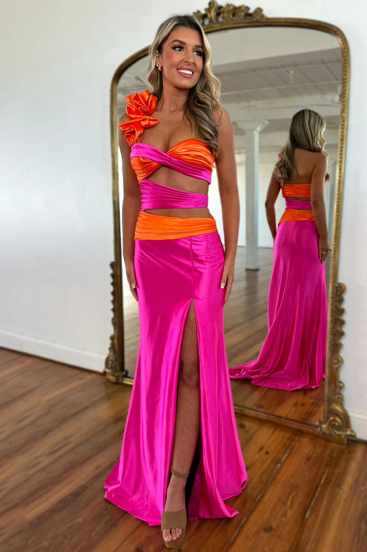 Stylish Hot Pink One-Shoulder Satin Mermaid Prom Dress With Waist Cutouts And Slit AD663