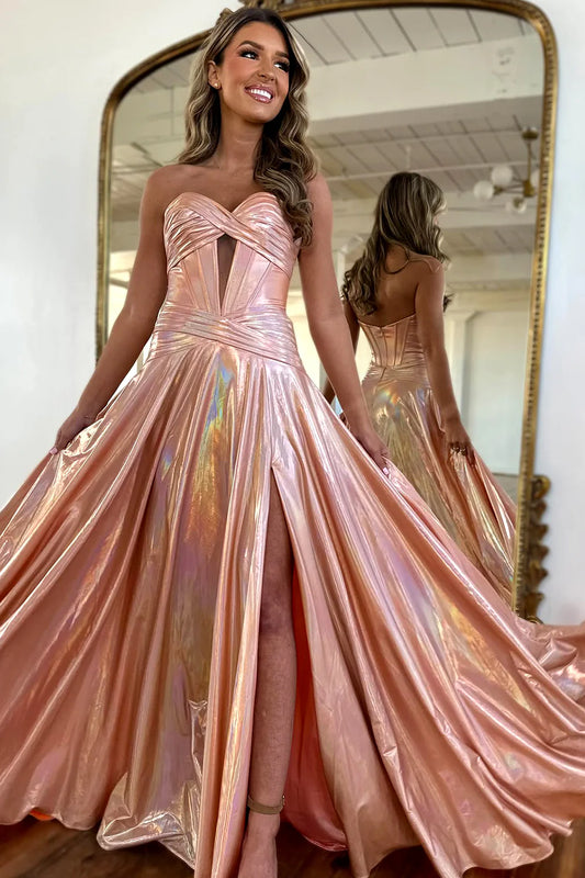 Glitter Pink Metallic Sweetheart A-Line Prom Dress With Leg Slit AD664