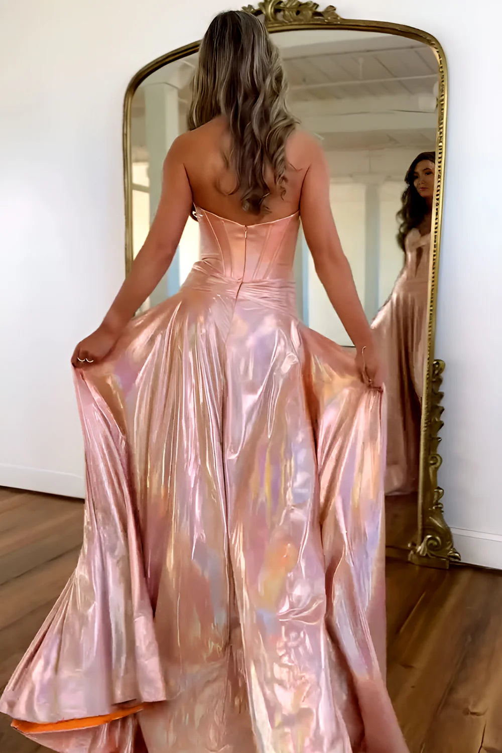 Glitter Pink Metallic Sweetheart A-Line Prom Dress With Leg Slit AD664