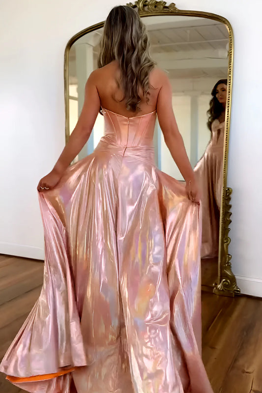 Glitter Pink Metallic Sweetheart A-Line Prom Dress With Leg Slit AD664