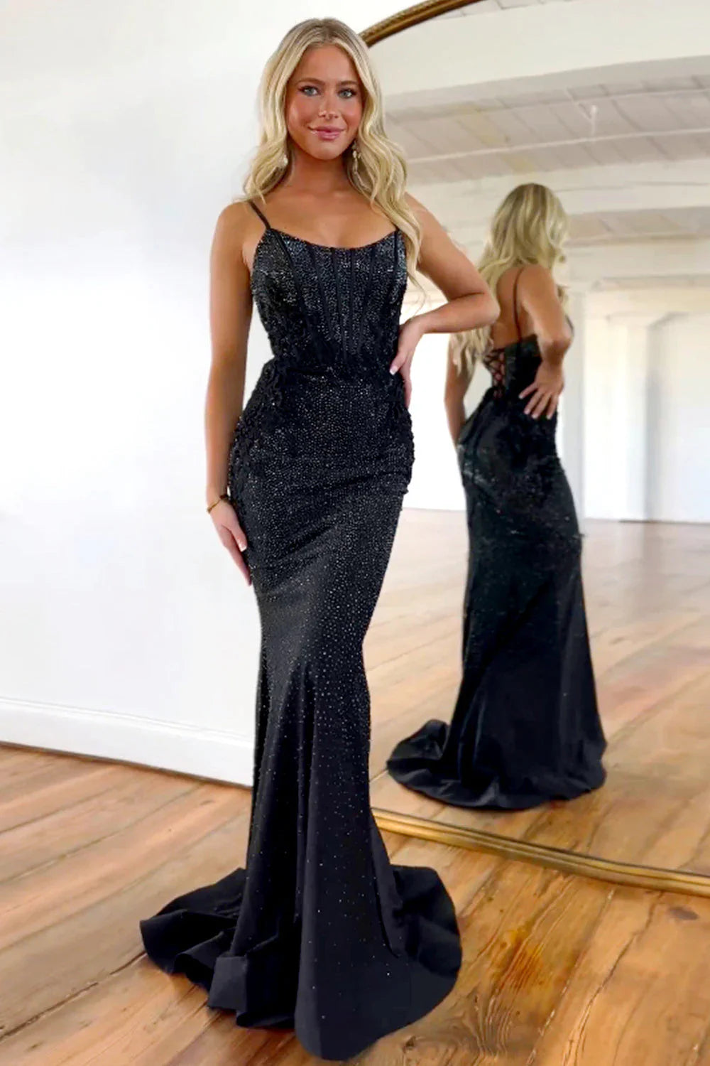 Black Glitter Beaded Mermaid Prom Dress With Spaghetti Straps And Lace-Up Back AD665