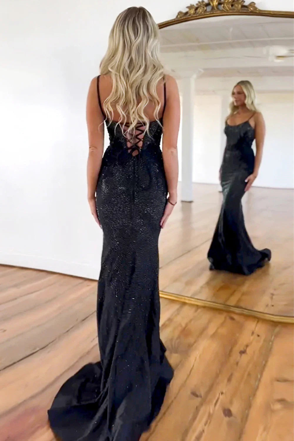 Black Glitter Beaded Mermaid Prom Dress With Spaghetti Straps And Lace-Up Back AD665