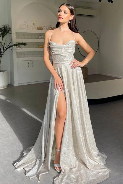 Shimmering Silver Cowl Neck A-Line Prom Dress With Spaghetti Straps And High Leg Slit AD667