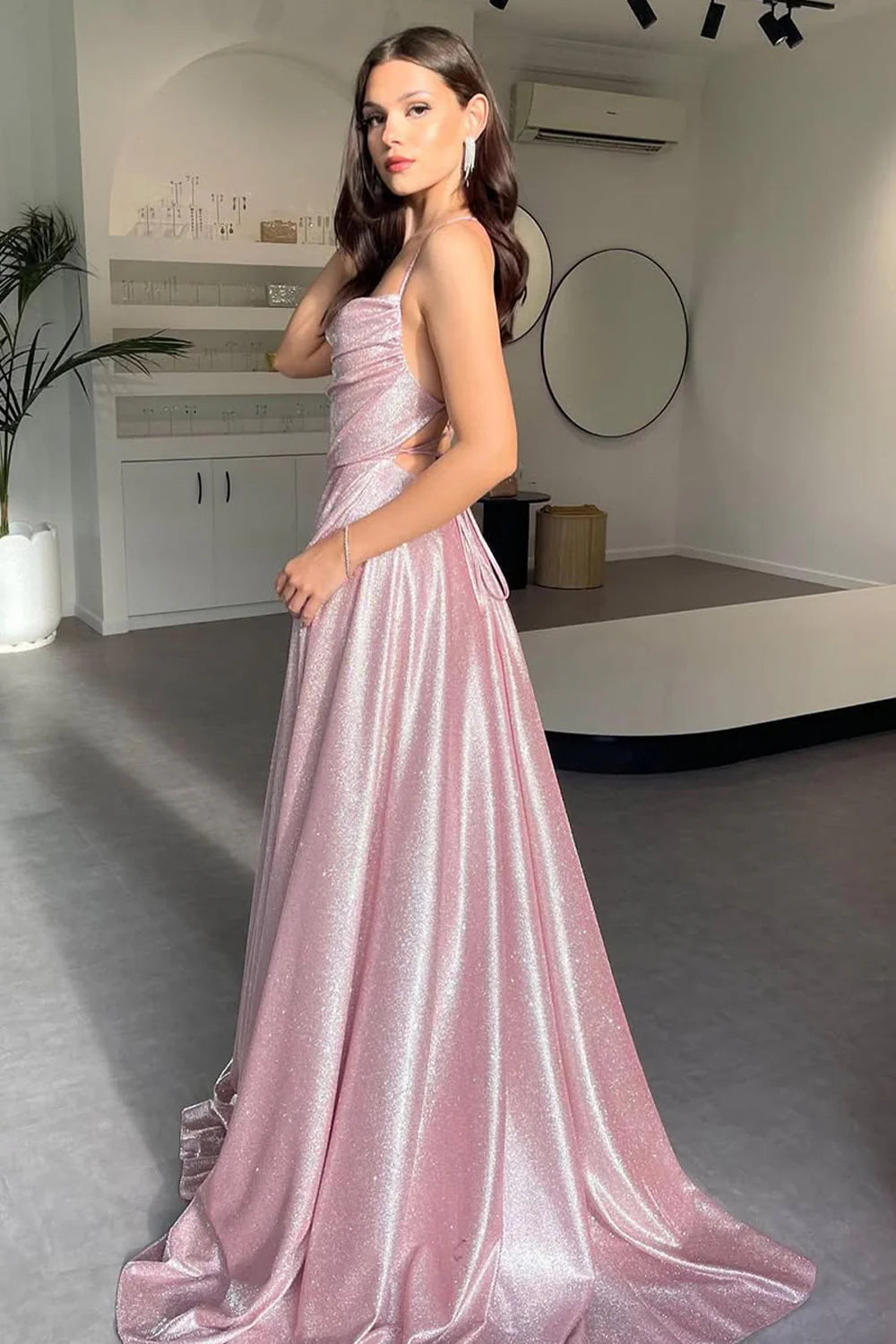 Shimmering Silver Cowl Neck A-Line Prom Dress With Spaghetti Straps And High Leg Slit AD667