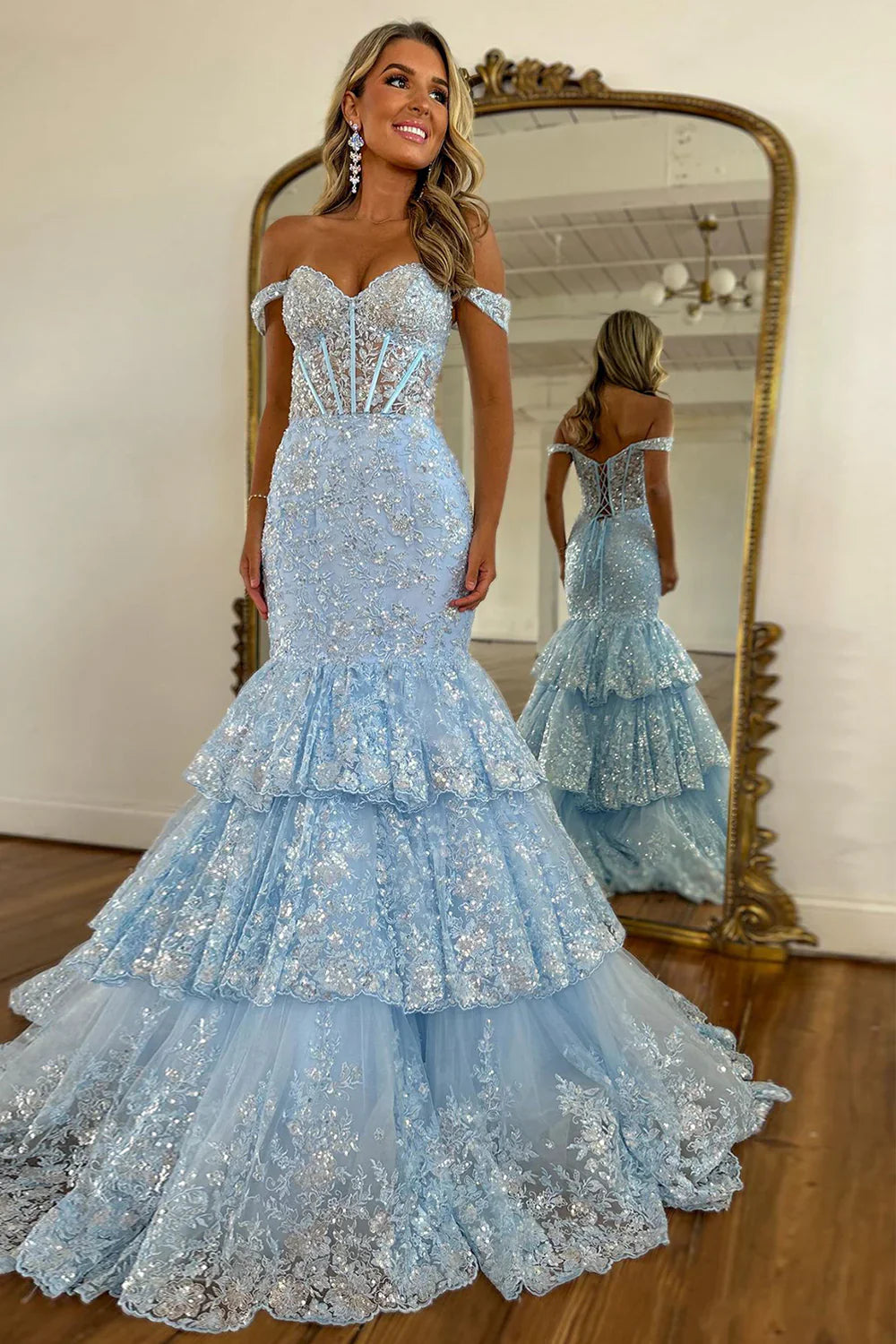 Luxurious Light Blue Off-The-Shoulder Lace-Up Prom Dress With Sequined Appliques AD669