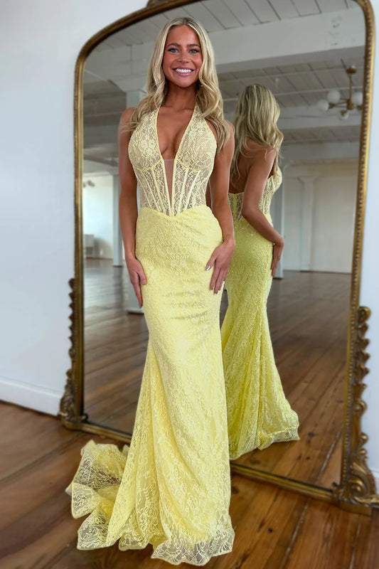 Lovely Yellow Lace Mermaid Prom Dress With V-Neck And Backless Design AD670