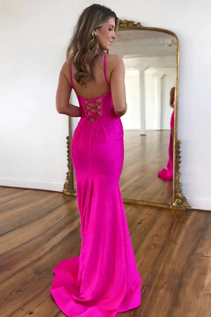 Fuchsia Beaded Mermaid Prom Dress With Spaghetti Straps And Lace-Up Back AD671