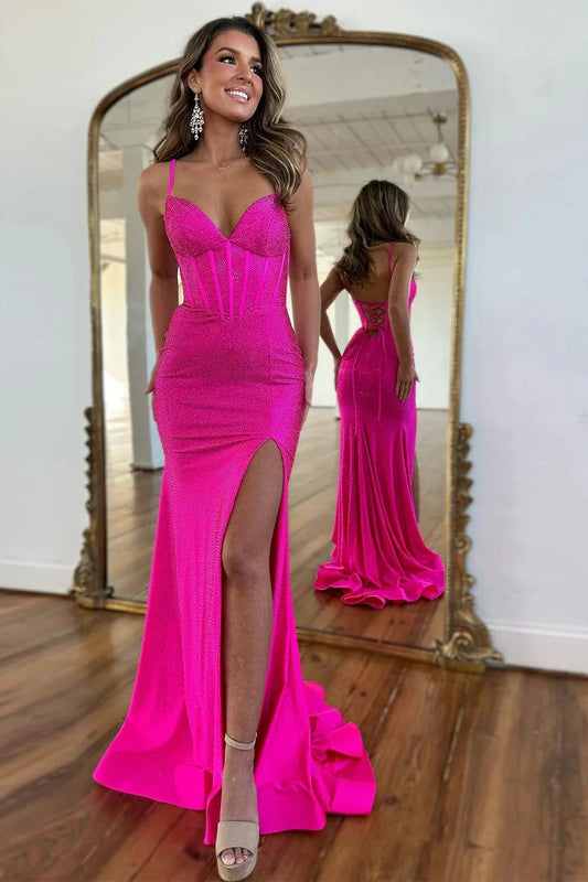 Fuchsia Beaded Mermaid Prom Dress With Spaghetti Straps And Lace-Up Back AD671