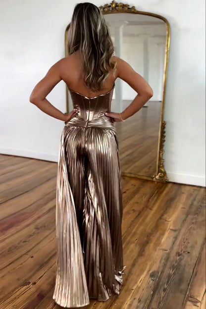 Metallic Sweetheart Neckline Pleated Jumpsuit With Zipper Back For Prom AD672