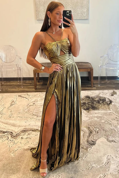 Stunning Metallic Halter Neck A-Line Prom Dress With High Leg Slit AD674
