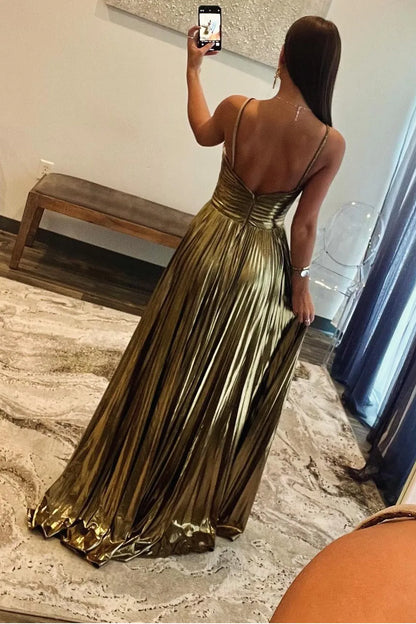 Stunning Metallic Halter Neck A-Line Prom Dress With High Leg Slit AD674