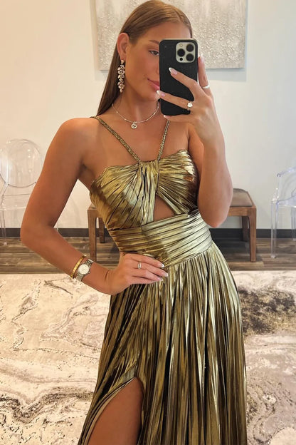 Stunning Metallic Halter Neck A-Line Prom Dress With High Leg Slit AD674