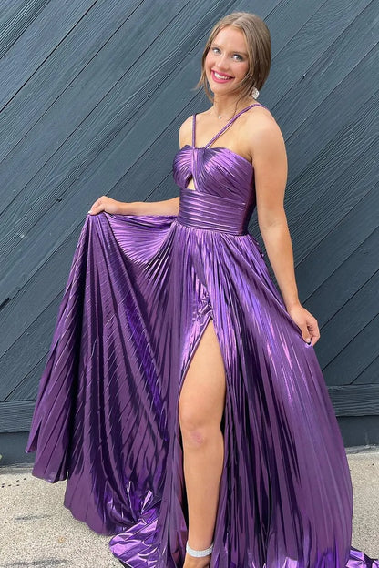 Stunning Metallic Halter Neck A-Line Prom Dress With High Leg Slit AD674