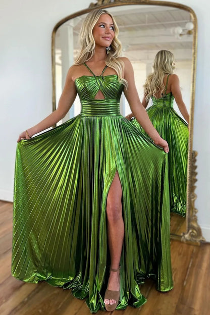 Stunning Metallic Halter Neck A-Line Prom Dress With High Leg Slit AD674