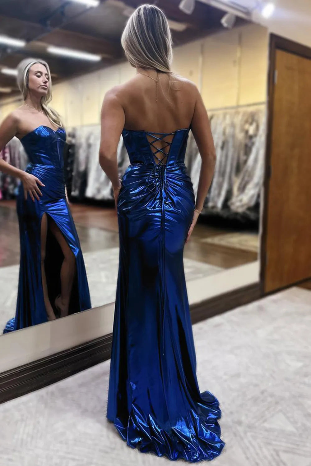 Royal Blue Metallic Strapless Lace Up Prom Dress With Ruched Waist And High Slit AD675