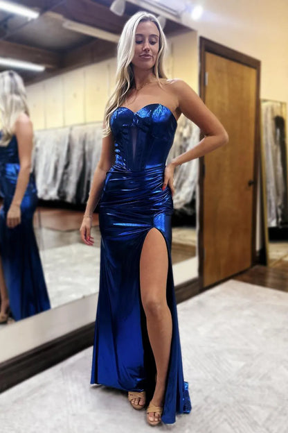 Royal Blue Metallic Strapless Lace Up Prom Dress With Ruched Waist And High Slit AD675