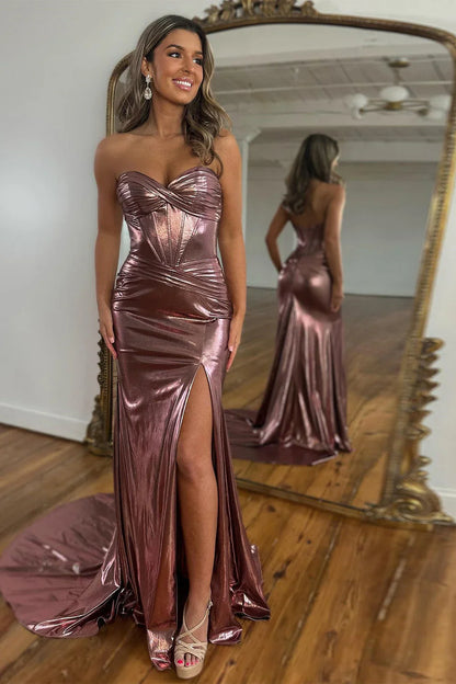 Royal Blue Metallic Sweetheart Corset Prom Dress With Ruched Waist And Thigh Slit AD676