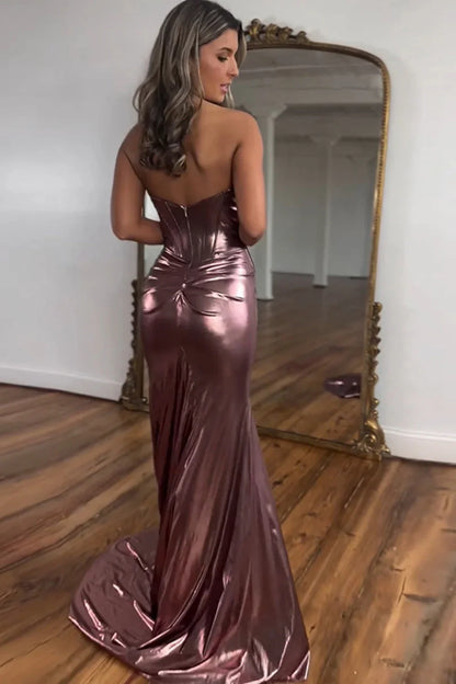 Royal Blue Metallic Sweetheart Corset Prom Dress With Ruched Waist And Thigh Slit AD676