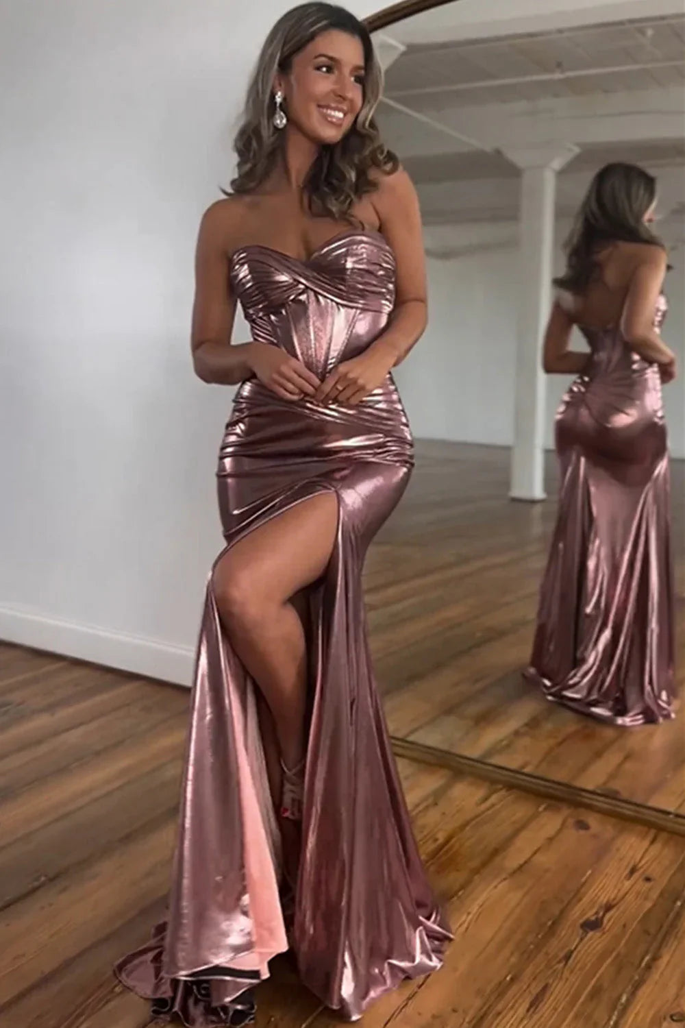 Royal Blue Metallic Sweetheart Corset Prom Dress With Ruched Waist And Thigh Slit AD676
