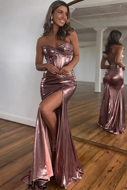 Royal Blue Metallic Sweetheart Corset Prom Dress With Ruched Waist And Thigh Slit AD676