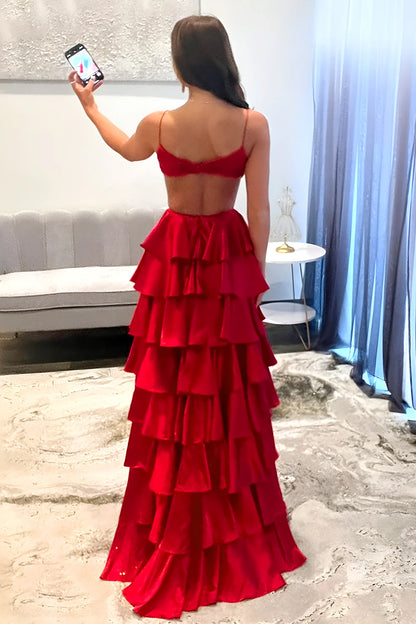 Red Tiered Ruffle A-Line Satin Prom Dress With Deep V-Neck & Cutout Waist AD678