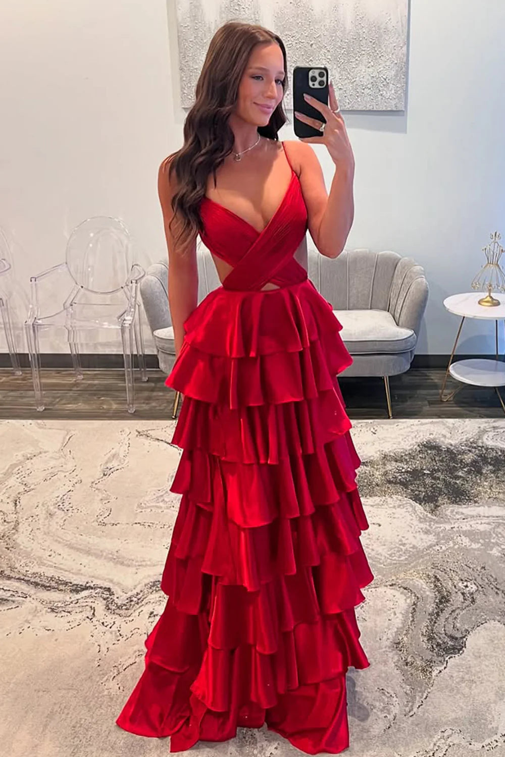 Red Tiered Ruffle A-Line Satin Prom Dress With Deep V-Neck & Cutout Waist AD678