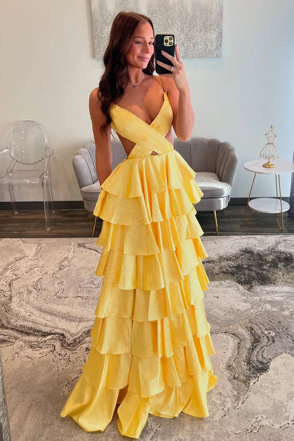 Red Tiered Ruffle A-Line Satin Prom Dress With Deep V-Neck & Cutout Waist AD678