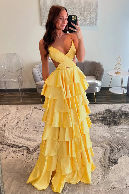 Red Tiered Ruffle A-Line Satin Prom Dress With Deep V-Neck & Cutout Waist AD678
