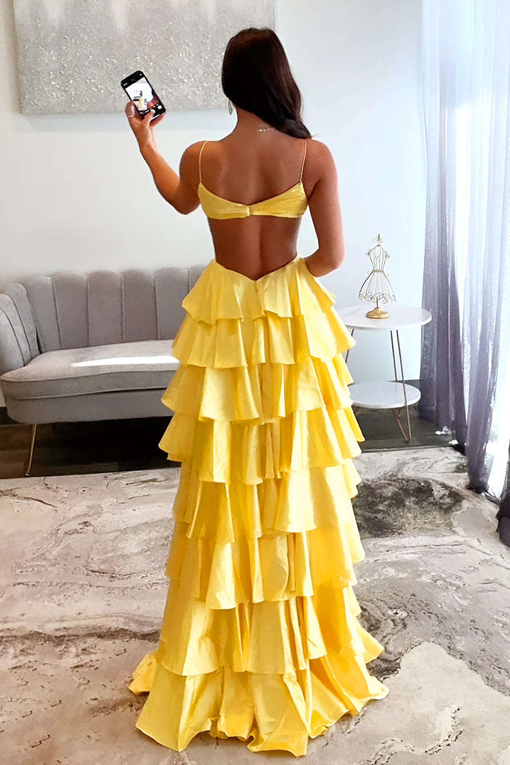Red Tiered Ruffle A-Line Satin Prom Dress With Deep V-Neck & Cutout Waist AD678
