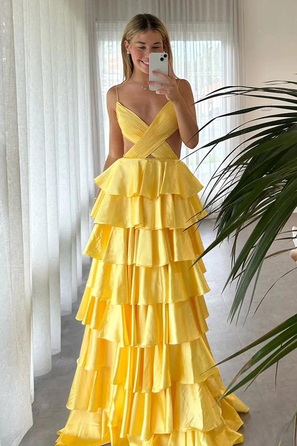 Red Tiered Ruffle A-Line Satin Prom Dress With Deep V-Neck & Cutout Waist AD678