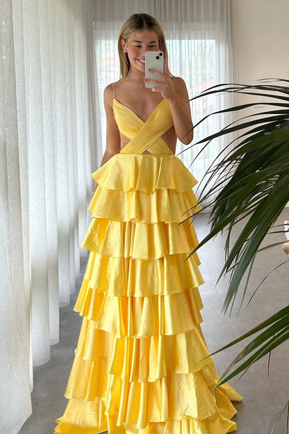 Red Tiered Ruffle A-Line Satin Prom Dress With Deep V-Neck & Cutout Waist AD678