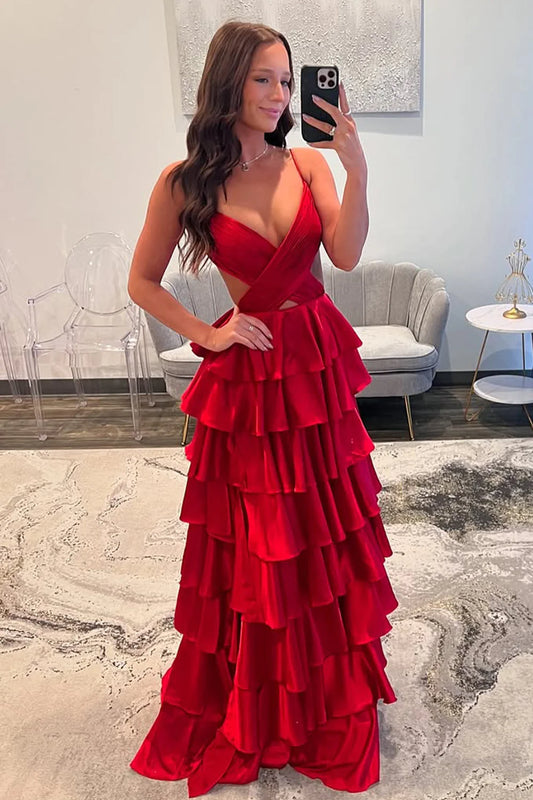Red Tiered Ruffle A-Line Satin Prom Dress With Deep V-Neck & Cutout Waist AD678