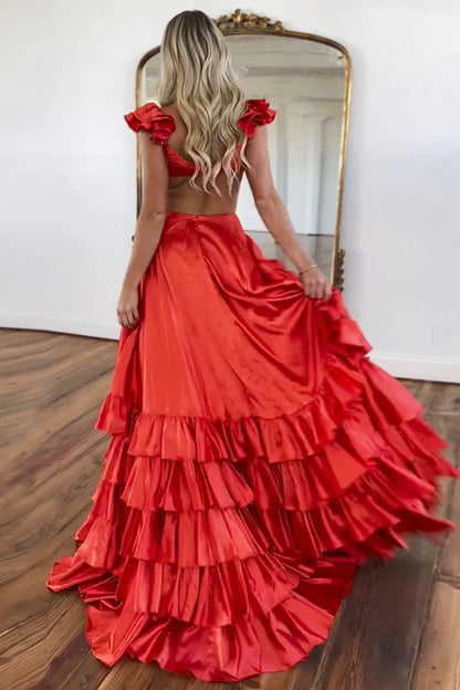Black Ruffled Tiered Satin A-Line Prom Dress With Cutout Waist & V-Neck AD679