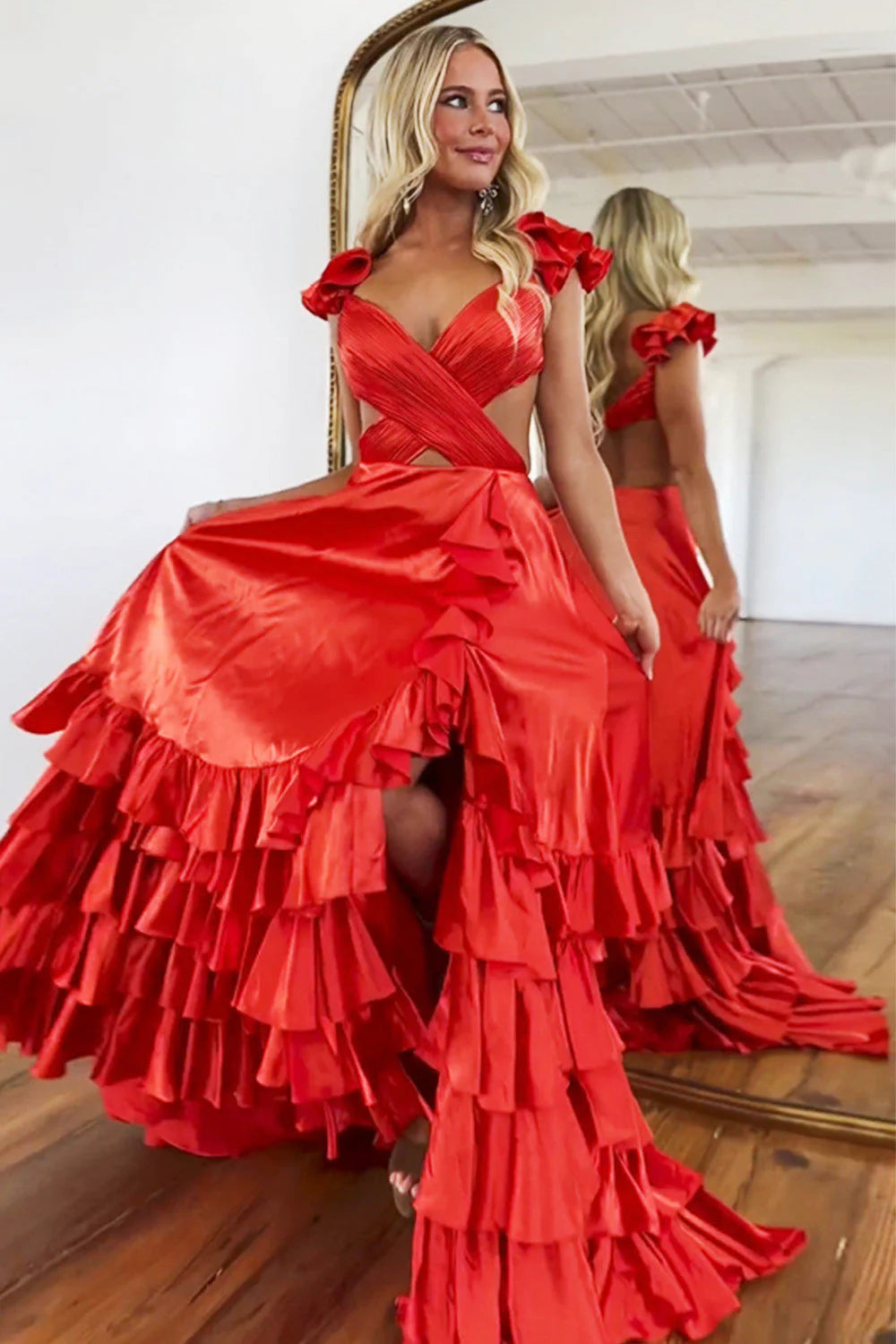 Black Ruffled Tiered Satin A-Line Prom Dress With Cutout Waist & V-Neck AD679