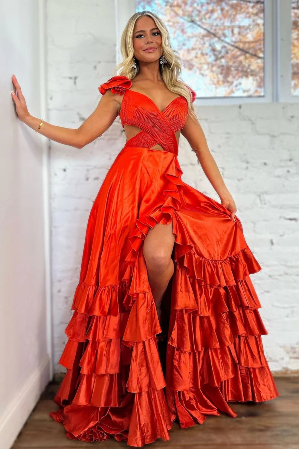 Black Ruffled Tiered Satin A-Line Prom Dress With Cutout Waist & V-Neck AD679