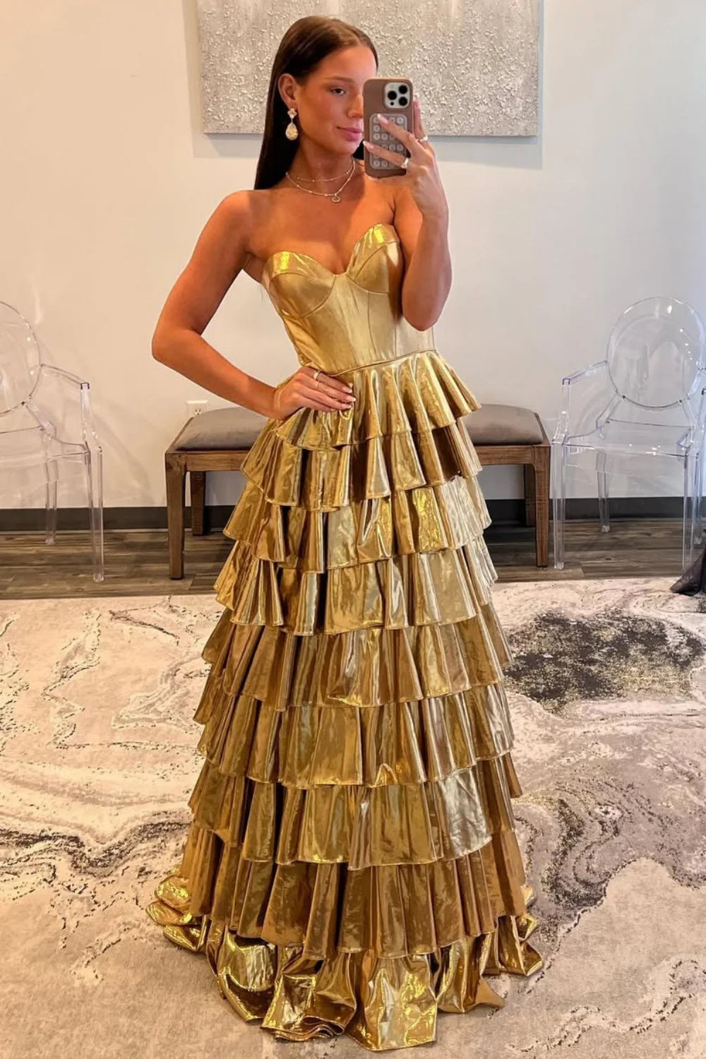Metallic Gold A-Line Sweetheart Long Tiered Ruffle Prom Gown AD680