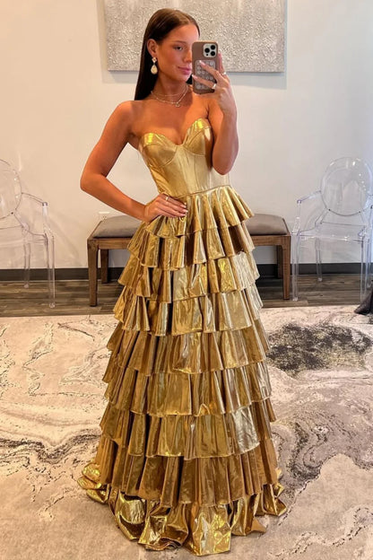 Metallic Gold A-Line Sweetheart Long Tiered Ruffle Prom Gown AD680