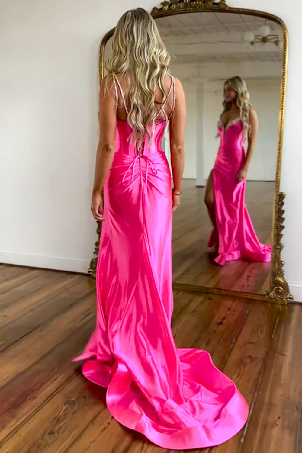 Hot Pink Satin Corset Mermaid Prom Dress With Beaded Spaghetti Straps Neckline And Slit AD682