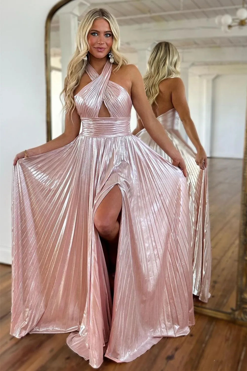 Metallic Halter Pleated A-Line Prom Dress With Keyhole Bodice And Thigh Slit AD683