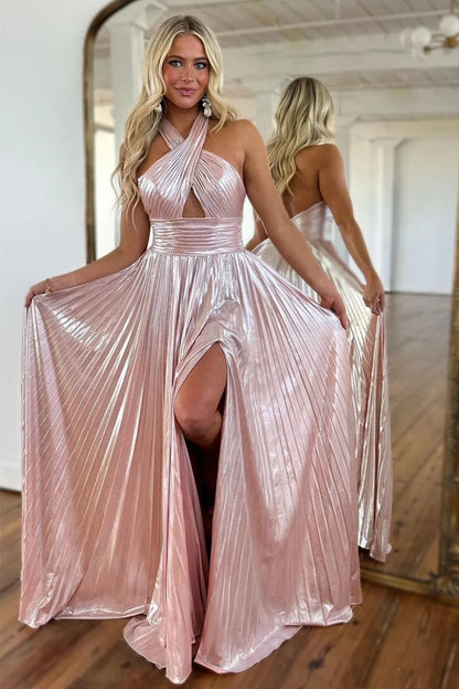 Metallic Halter Pleated A-Line Prom Dress With Keyhole Bodice And Thigh Slit AD683