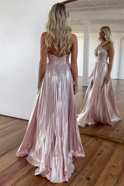 Metallic Halter Pleated A-Line Prom Dress With Keyhole Bodice And Thigh Slit AD683