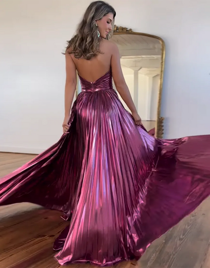 Metallic Halter Pleated A-Line Prom Dress With Keyhole Bodice And Thigh Slit AD683