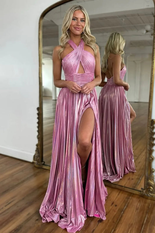 Metallic Halter Pleated A-Line Prom Dress With Keyhole Bodice And Thigh Slit AD683