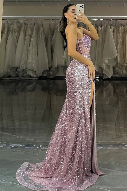 Dazzling Purple Sequin Strapless High-Slit Formal Dress With Structured Corset AD685