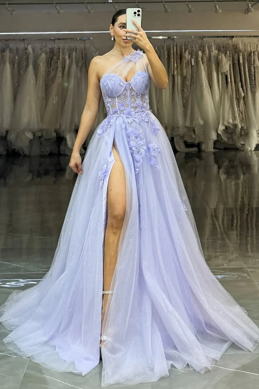 Lavender One-Shoulder Floral Applique Tulle Prom Gown With High Slit AD687