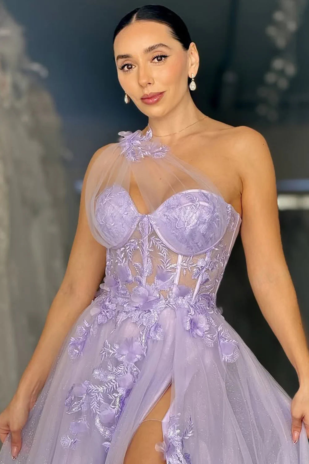 Lavender One-Shoulder Floral Applique Tulle Prom Gown With High Slit AD687