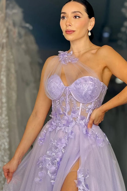 Lavender One-Shoulder Floral Applique Tulle Prom Gown With High Slit AD687
