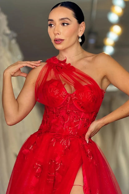 Lavender One-Shoulder Floral Applique Tulle Prom Gown With High Slit AD687